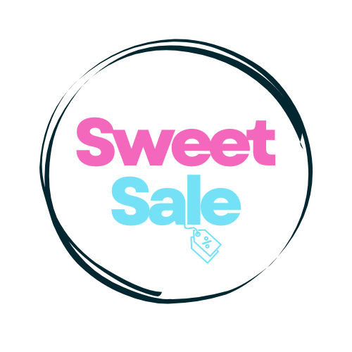 Sweet Sale logo with the word "Sweet" in pink and "Sale" in blue, featuring a small price tag icon with a percentage symbol, all enclosed in a circular, hand-drawn black outline.