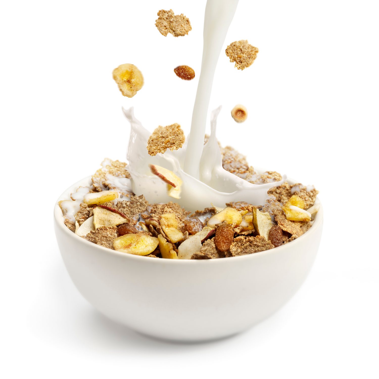 Bowl of cereal with milk being poured in, causing a splash, and cereal pieces falling into the bowl.