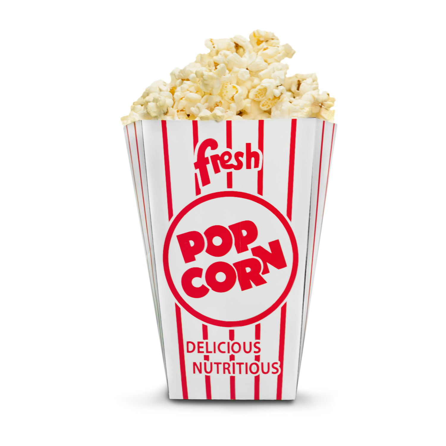 Striped popcorn container filled with popcorn, featuring the words "Pop Corn" in red on the front.
