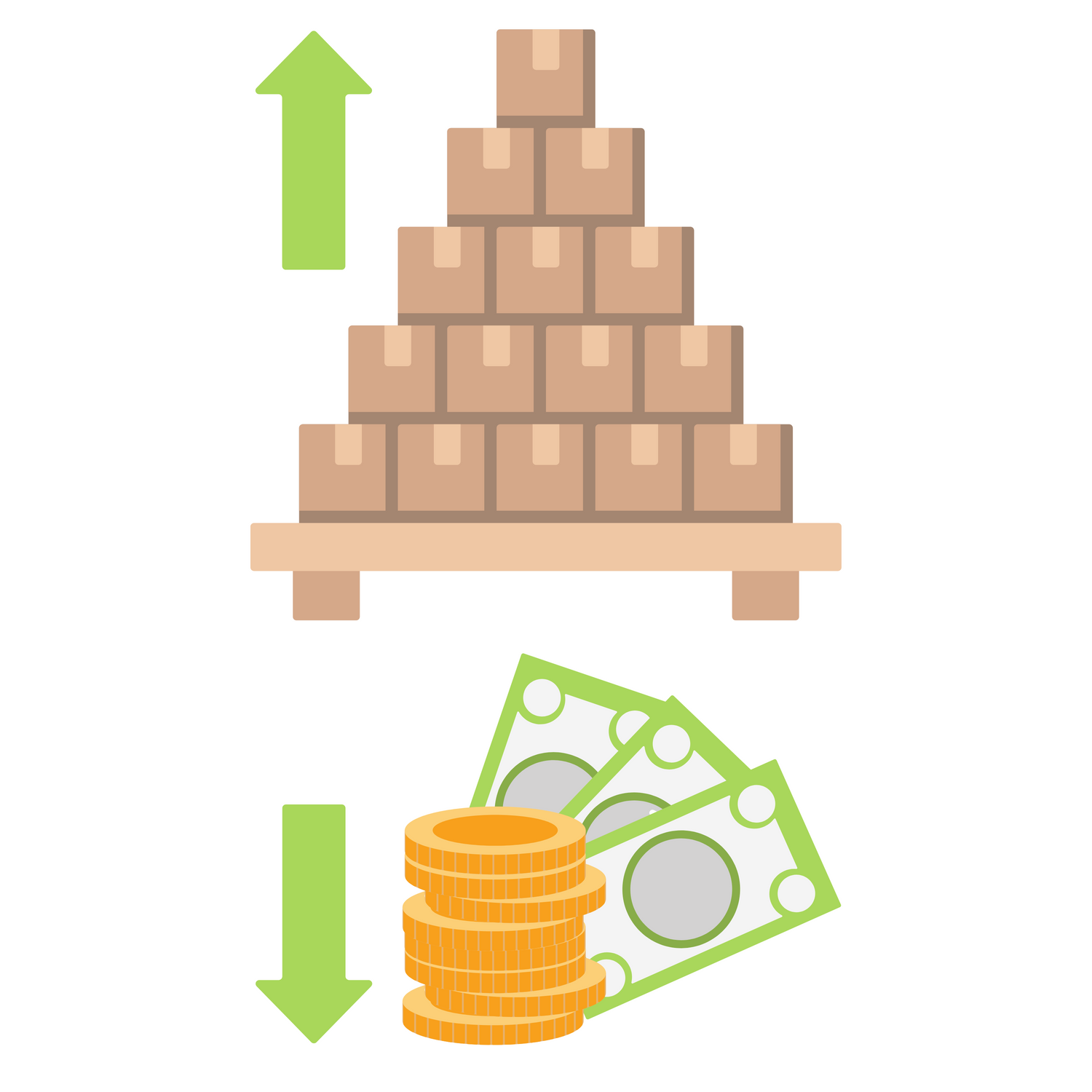 Stack of boxes forming a pyramid with green arrows indicating bulk quantity, and coins with dollar bills below, suggesting cost savings.