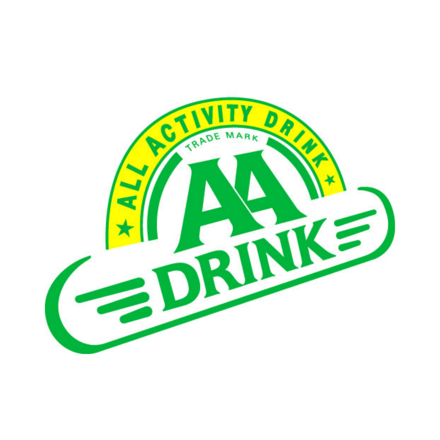 Logo of AA Drink featuring green text with a yellow border, with the words 'All Activity Drink' in a green circle.