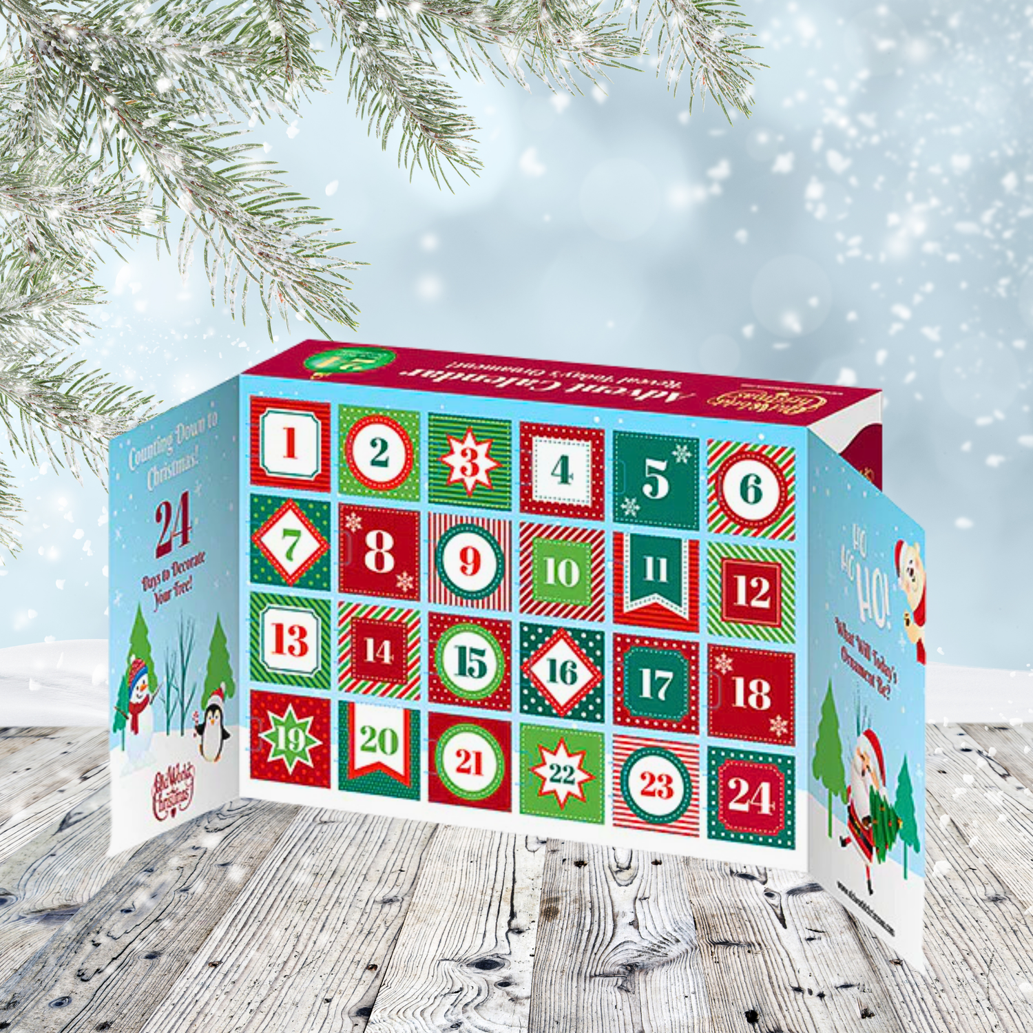 Holiday-themed Advent calendar with numbered doors, set against a winter background with snow-covered trees.