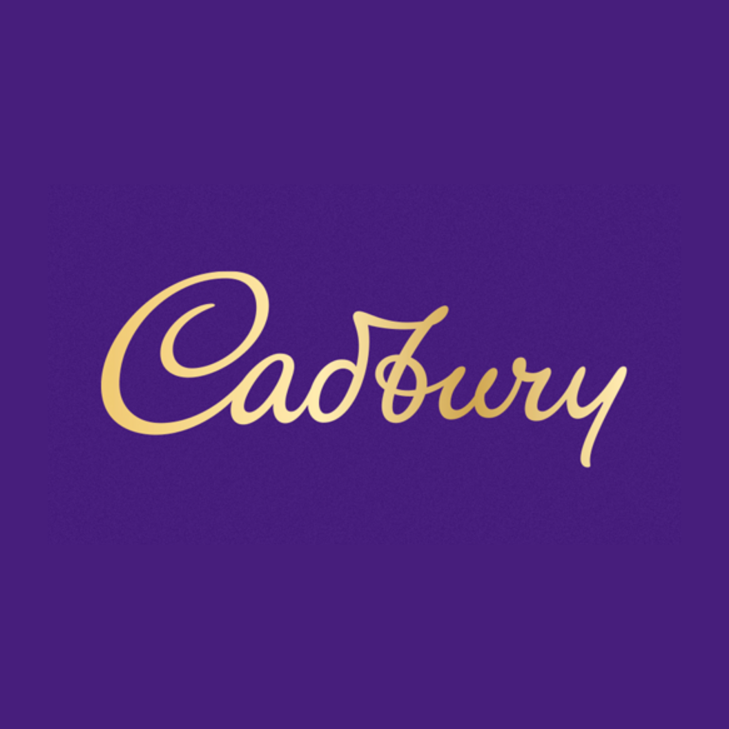 Cadbury logo in gold script on a purple background.