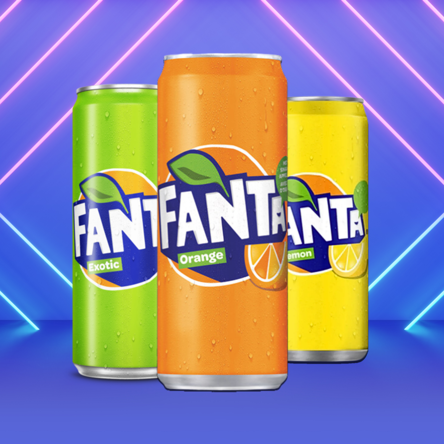 Three orange Fanta cans with bold white text, displayed on a purple geometric background.