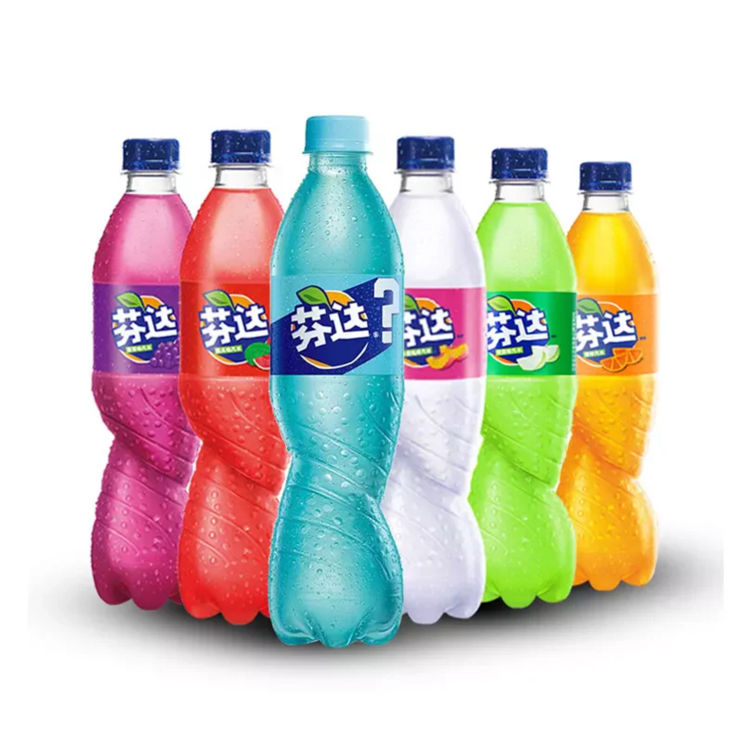 Assortment of colorful Fanta bottles from China with various flavors.