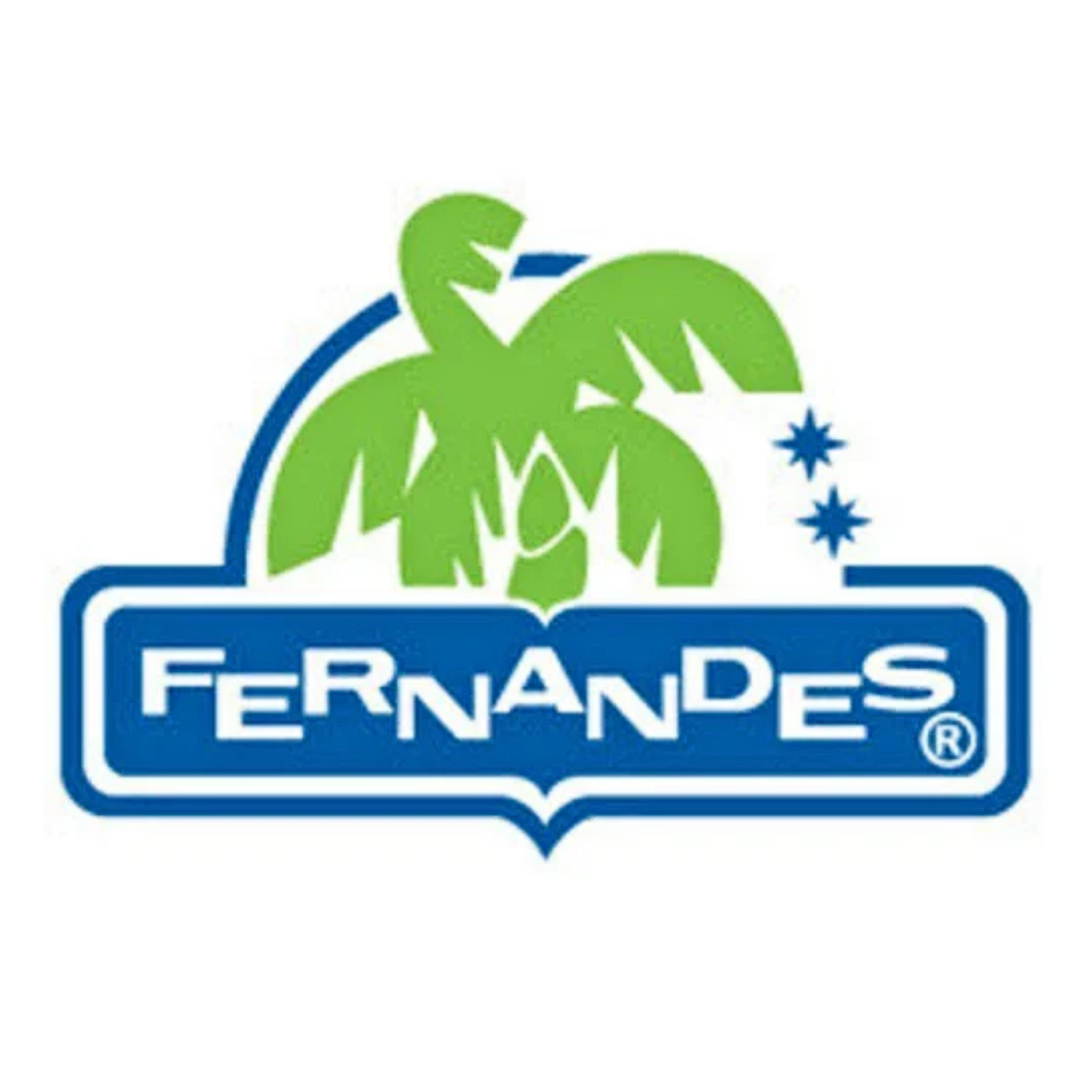 Fernandes logo featuring green palm trees with white text on a blue background.