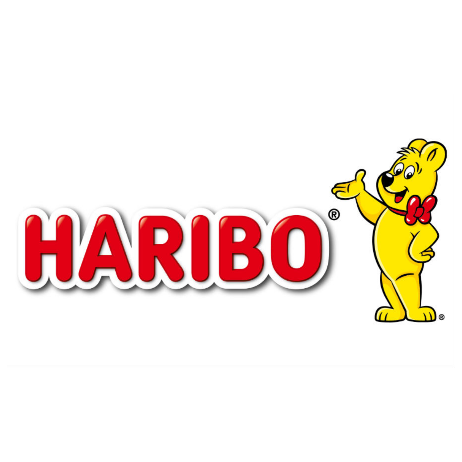 Haribo logo in red text with a yellow gummy bear mascot on a white background.