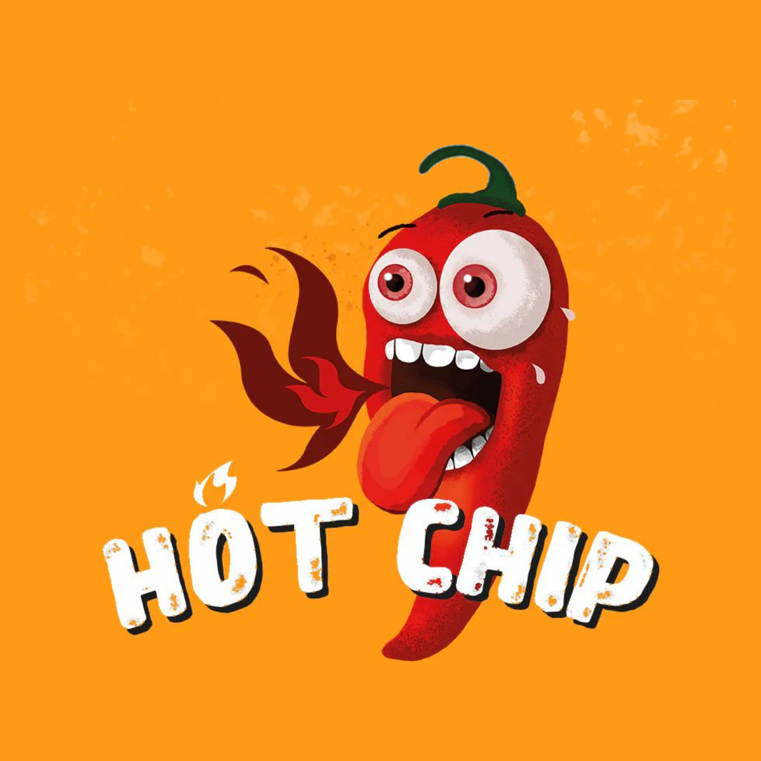 Hot Chip logo with a cartoon chili pepper character on an orange background.