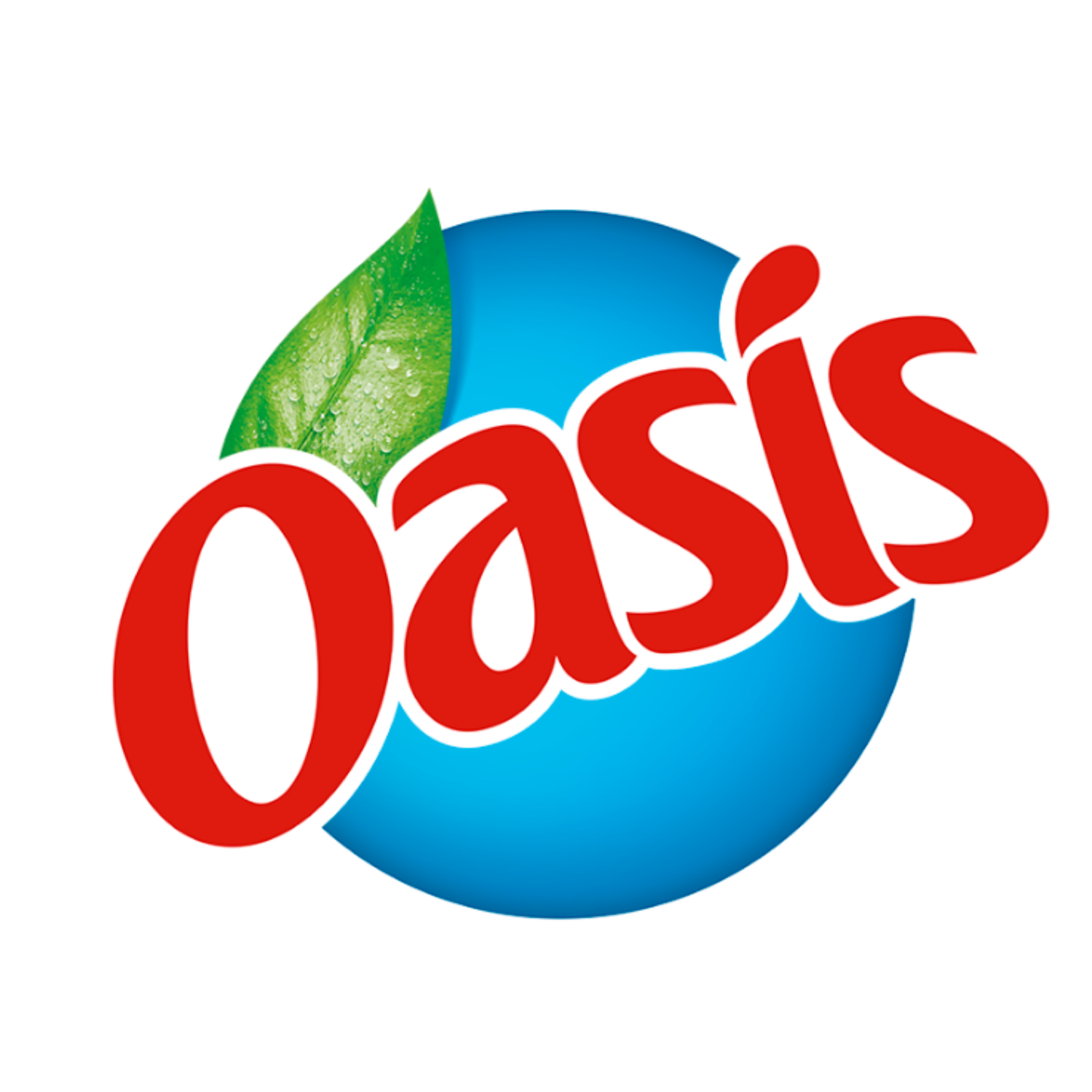 Oasis logo with red text over a blue circle with a green leaf on a white background.