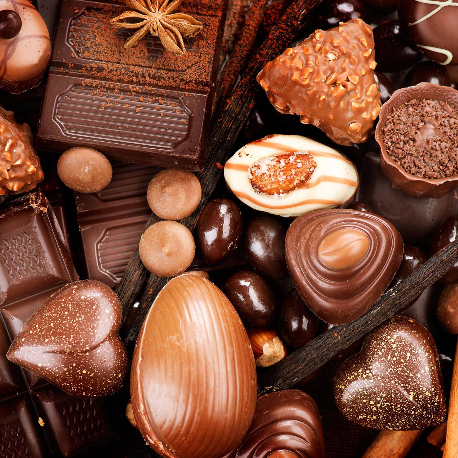 Assortment of premium and imported chocolates in various shapes and designs.