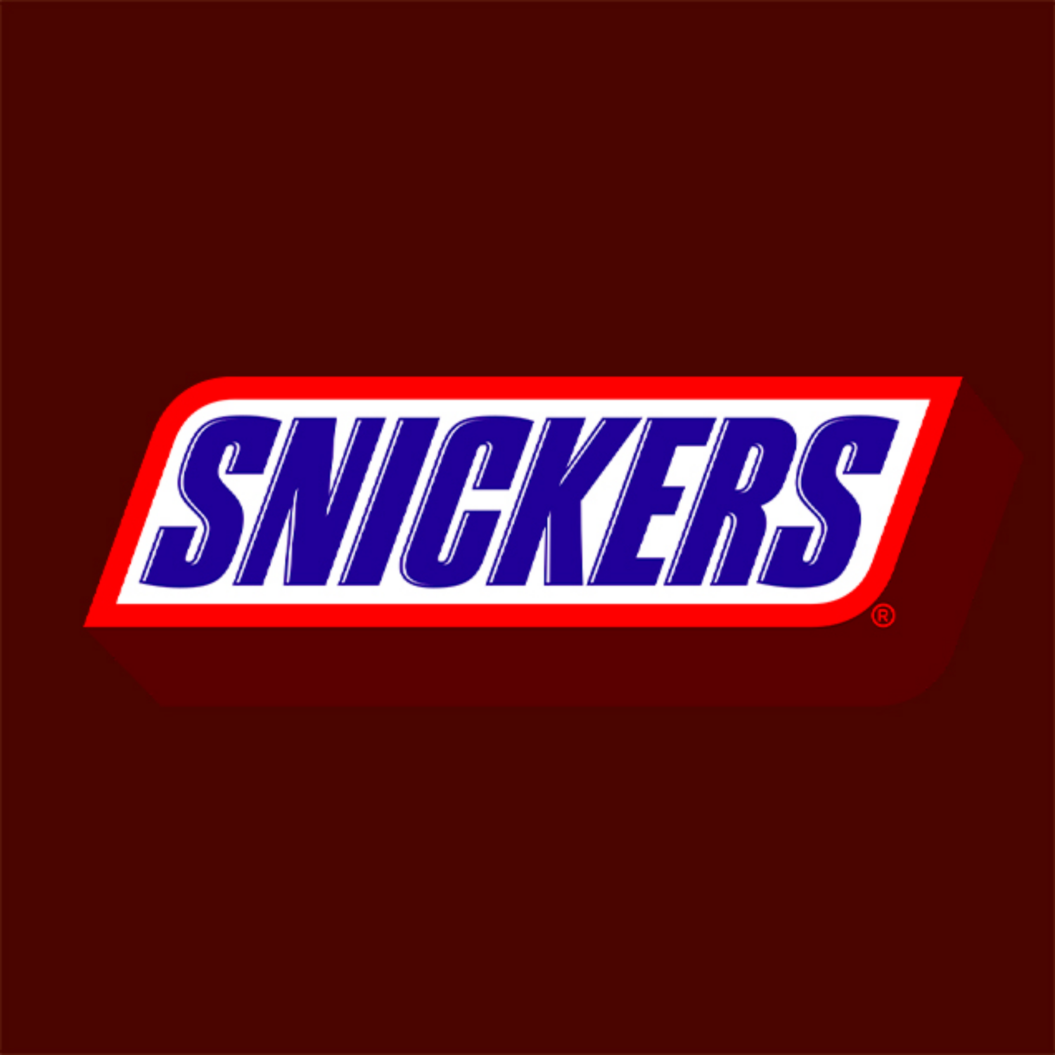 Snickers logo with bold blue text in a white rectangle, outlined in red, set against a dark brown background.