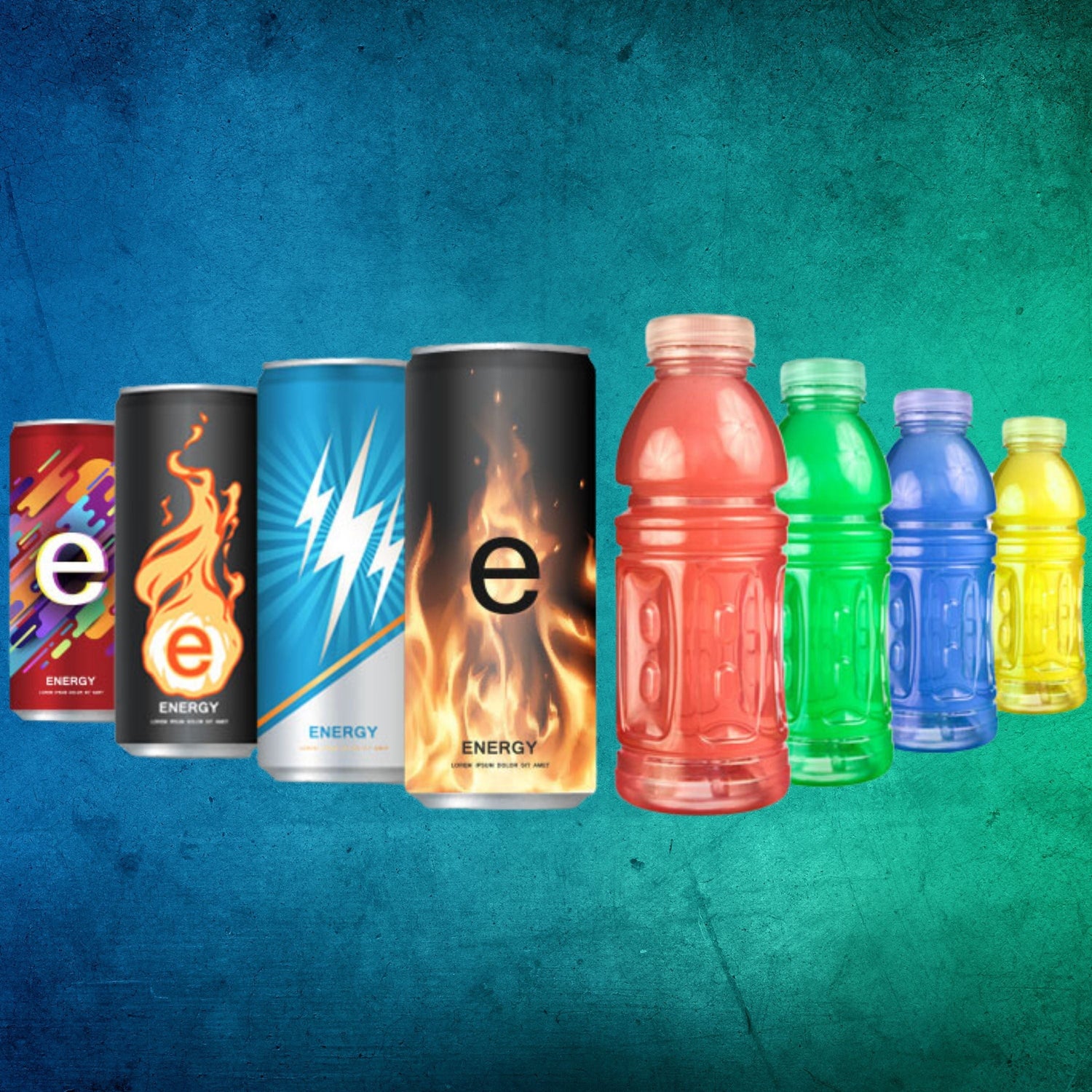 Assortment of sport and energy drink bottles and cans in various colors against a teal background.