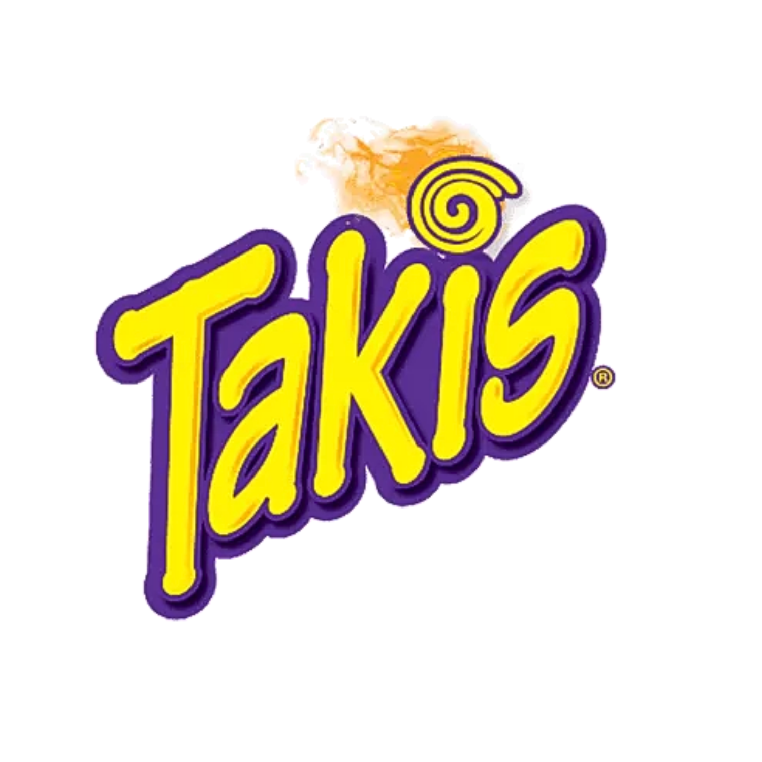 Takis logo with yellow text and purple outline on a white background.