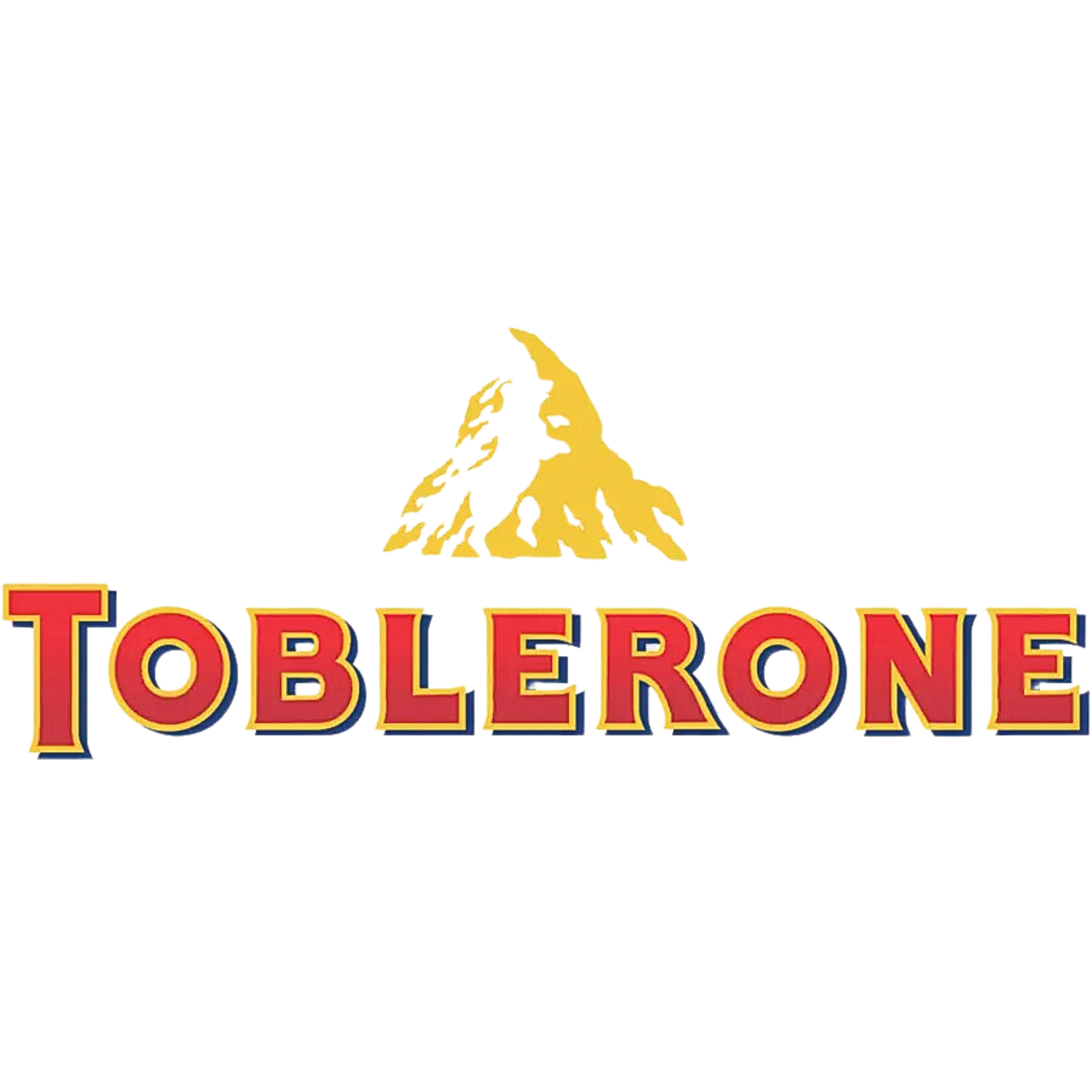 Toblerone logo with red text and golden outline with a golden mountain illustration on a white background.