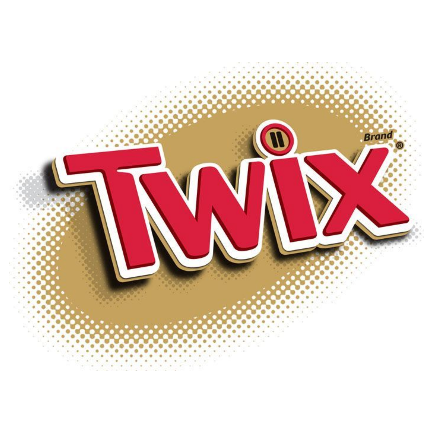 Twix logo with bold red text outlined in white and brown, set against a gold oval background with a dotted pattern.