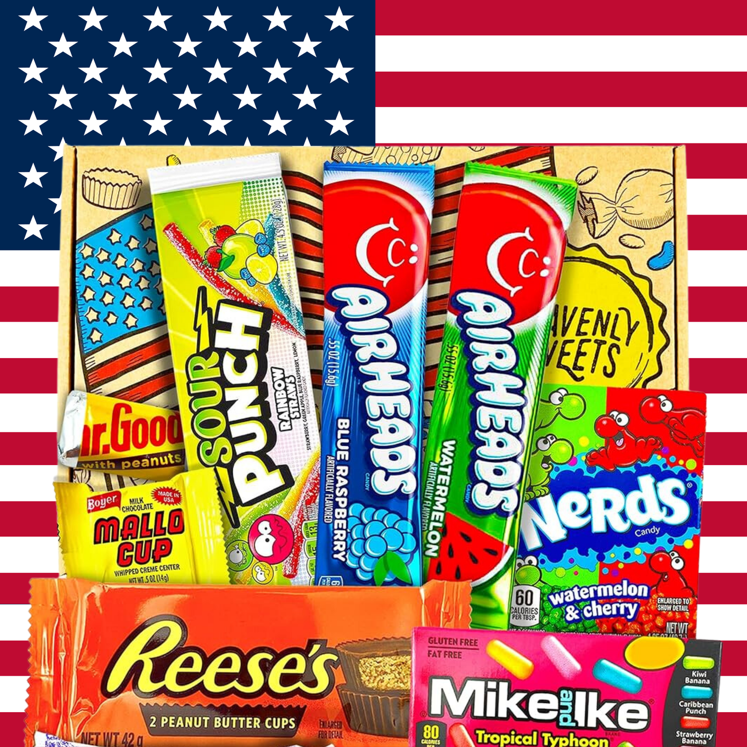 Assortment of USA candy packs displayed against an American flag background.