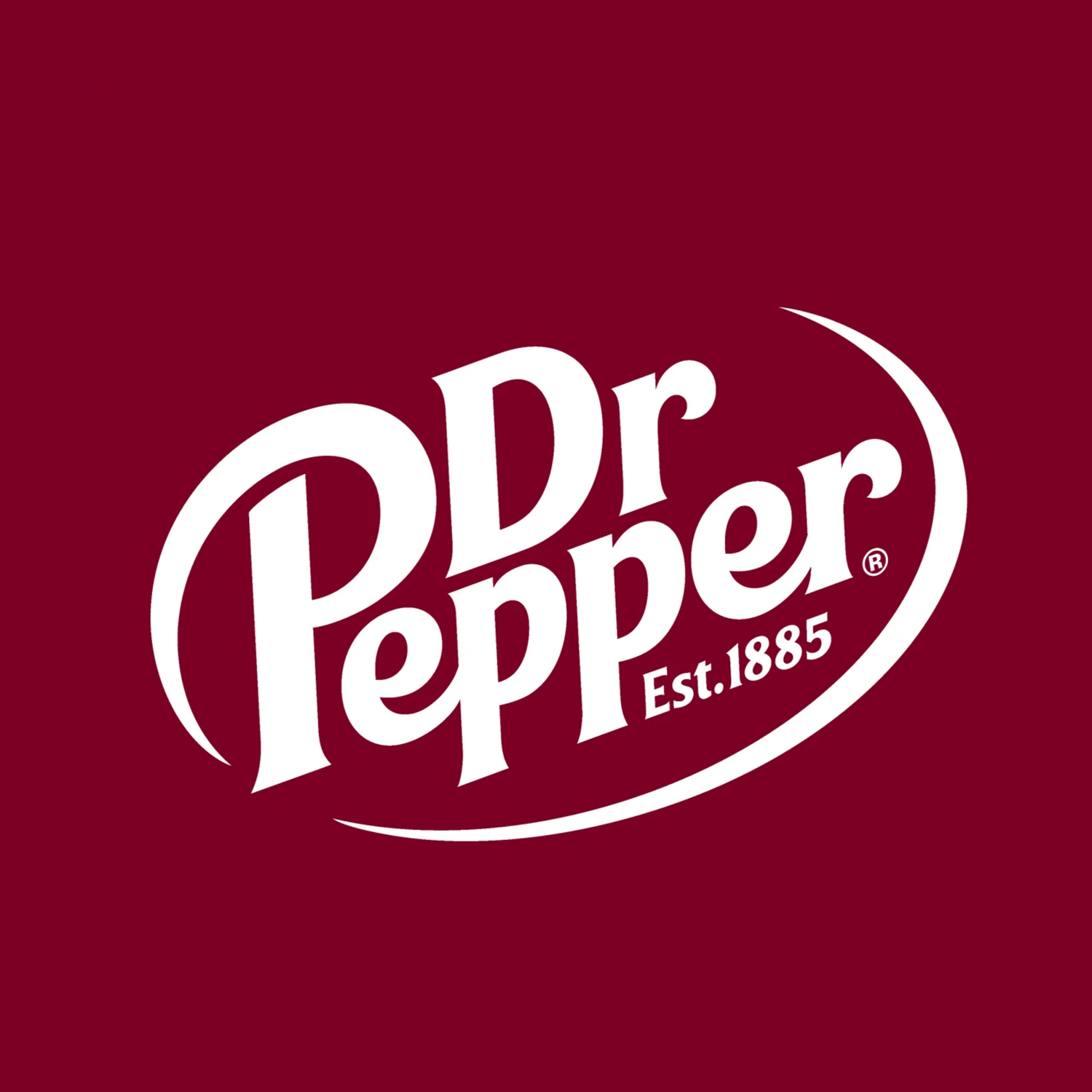 Dr Pepper logo in white script on a maroon background.