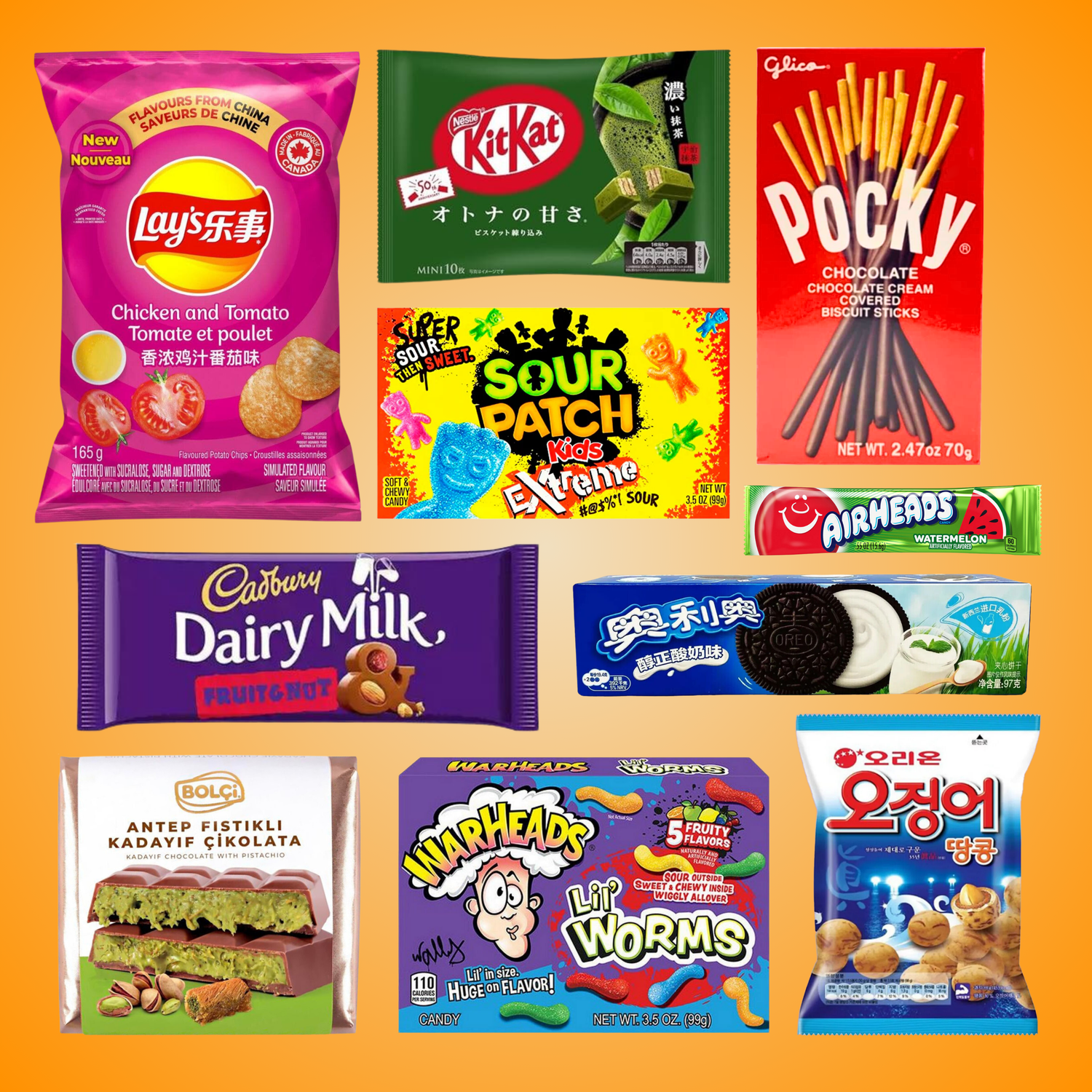 Assortment of colorful snack packages displayed together, showing various brands and flavors from around the world.