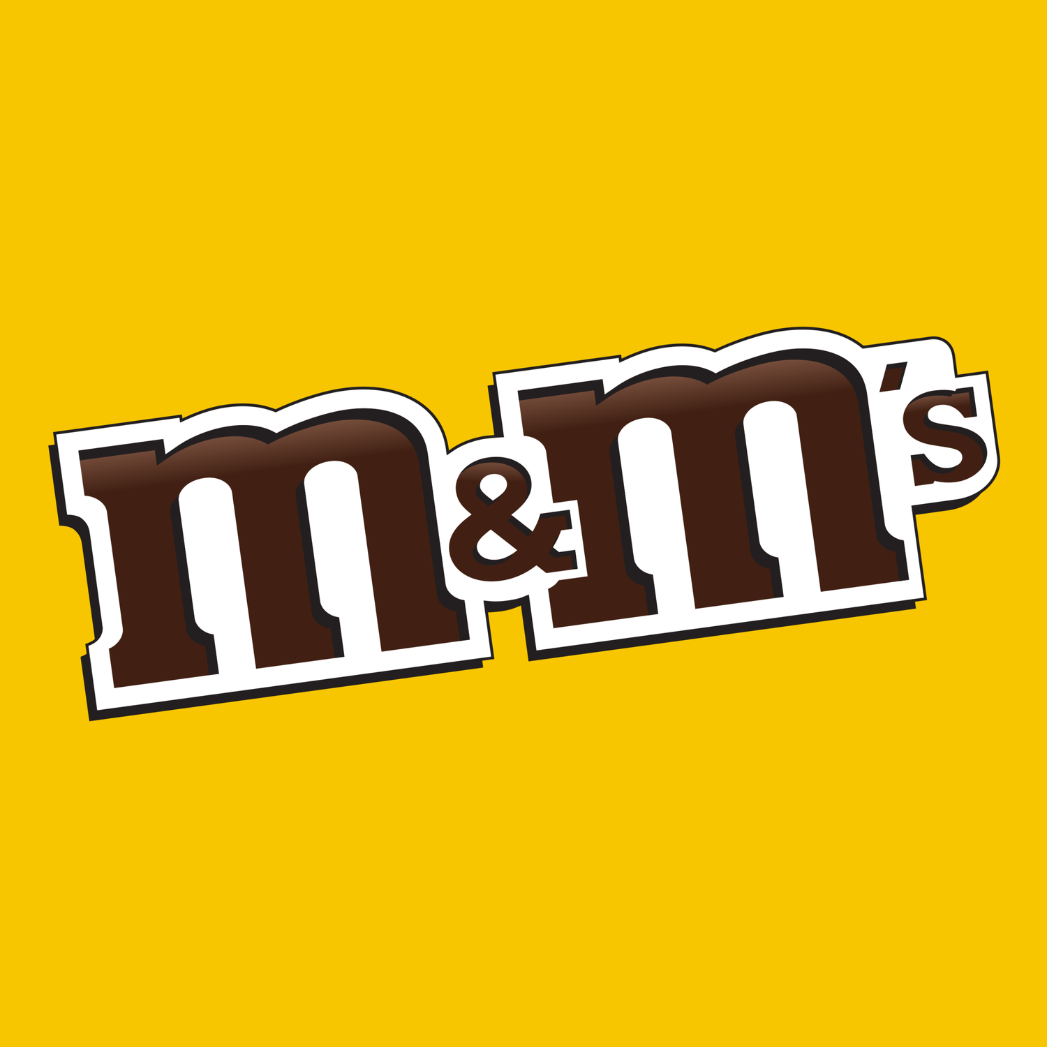 M&M's logo with brown text outlined in white on a yellow background.