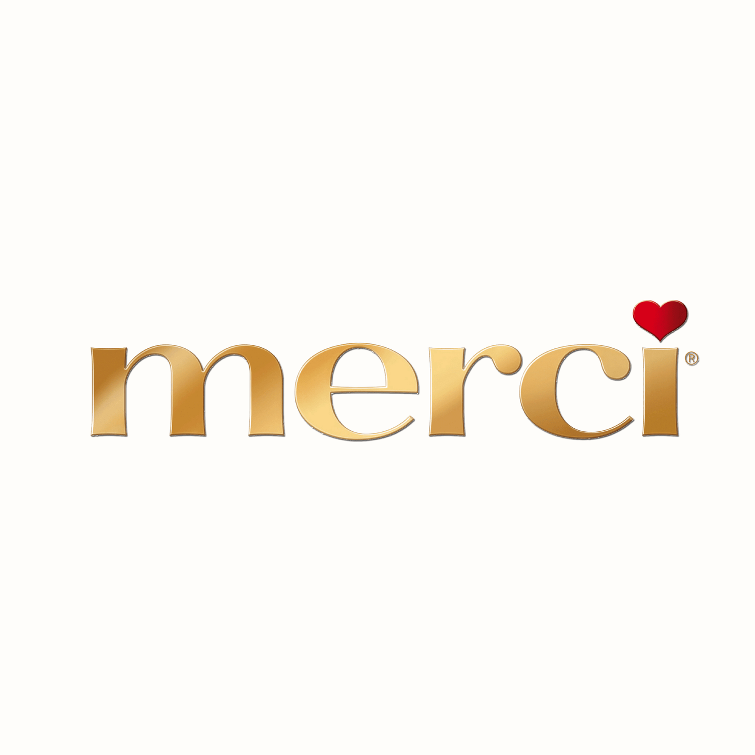 Merci logo in gold and a red heart as the dot of the letter i on a white background.