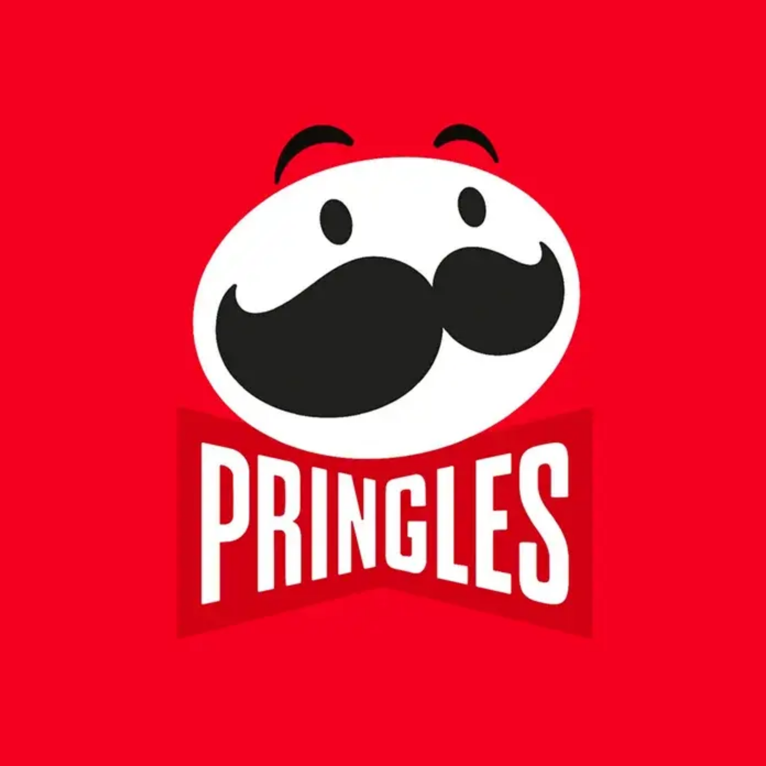 Pringles logo with a cartoon face above white "Pringles" text on a red background.