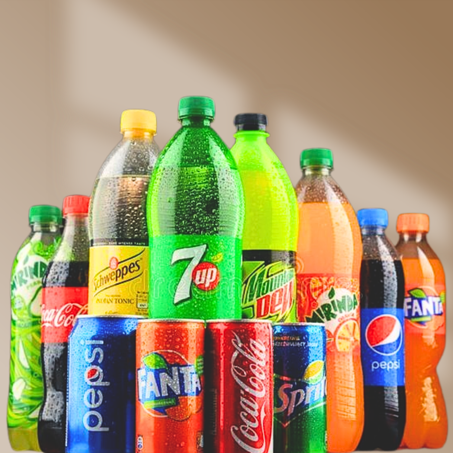 Assortment of colorful soft drink bottles and cans in various sizes and flavors.