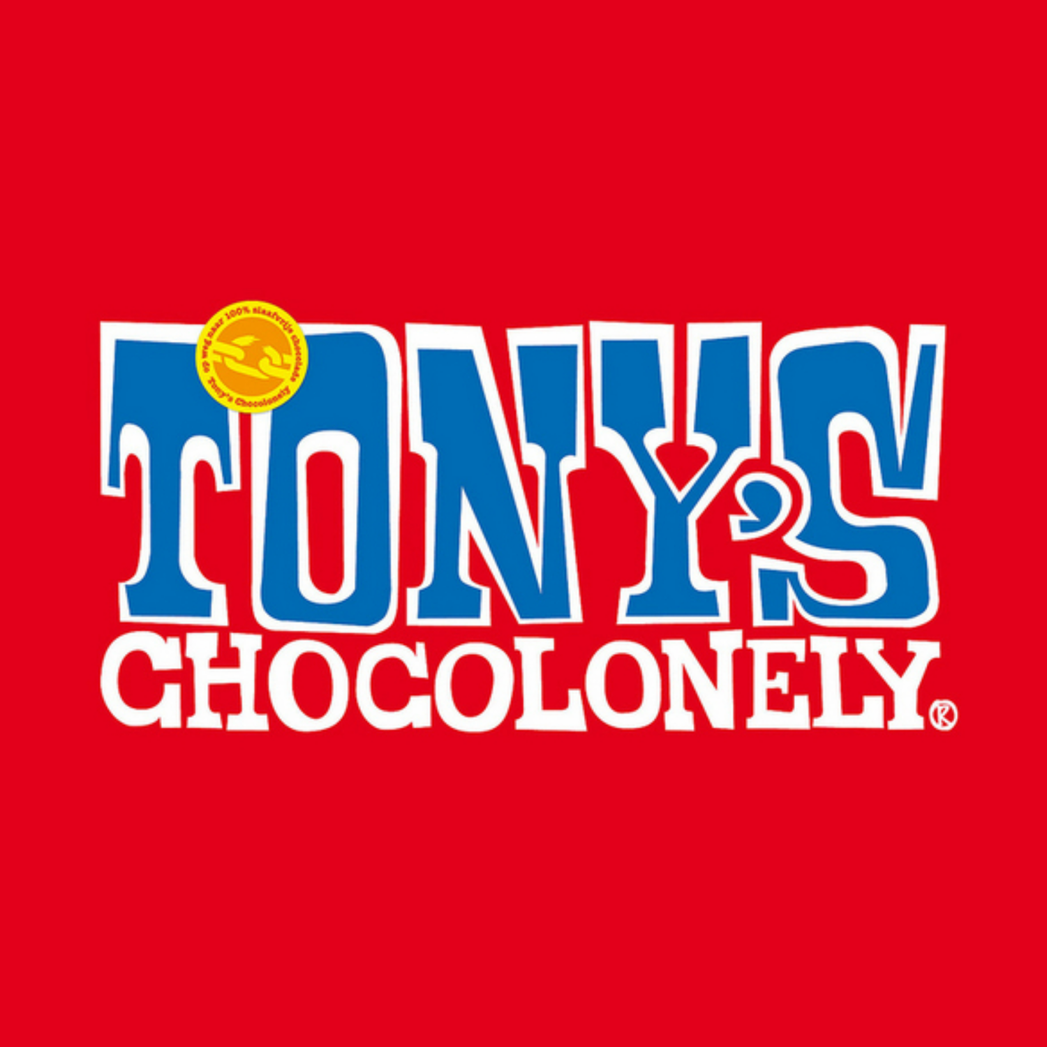 Tony's Chocolonely logo with bold blue and white text, featuring a small yellow stamp in the top left corner, set against a red background.