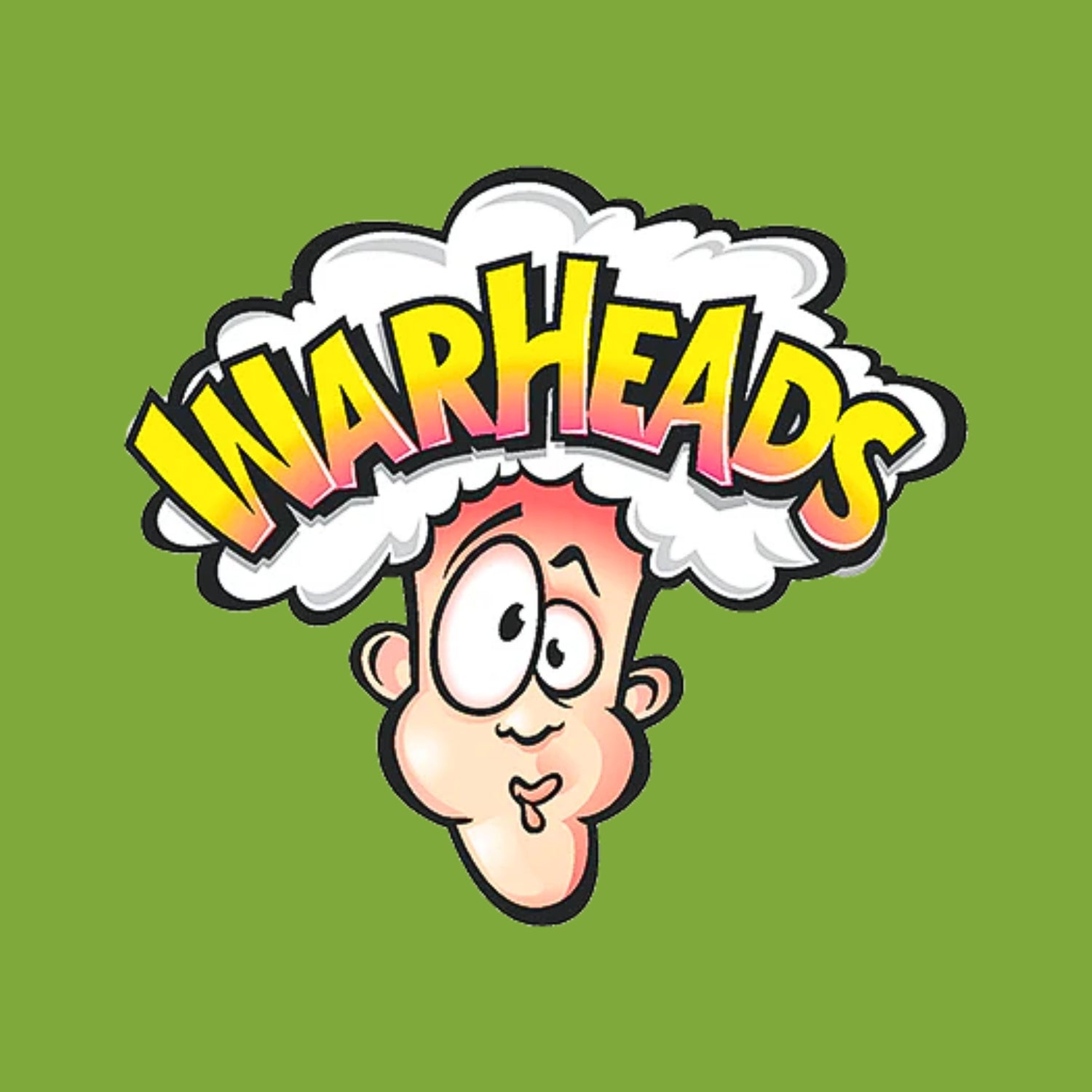 Warheads logo featuring a cartoon character with an exaggerated expression and a cloud above their head, with the word "Warheads" in bold yellow text on a green background.