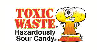 Toxic Waste logo with bold red text and yellow outline, accompanied by the phrase "Hazardously Sour Candy" in black, and a cartoon character resembling an explosion with a mushroom cloud head.