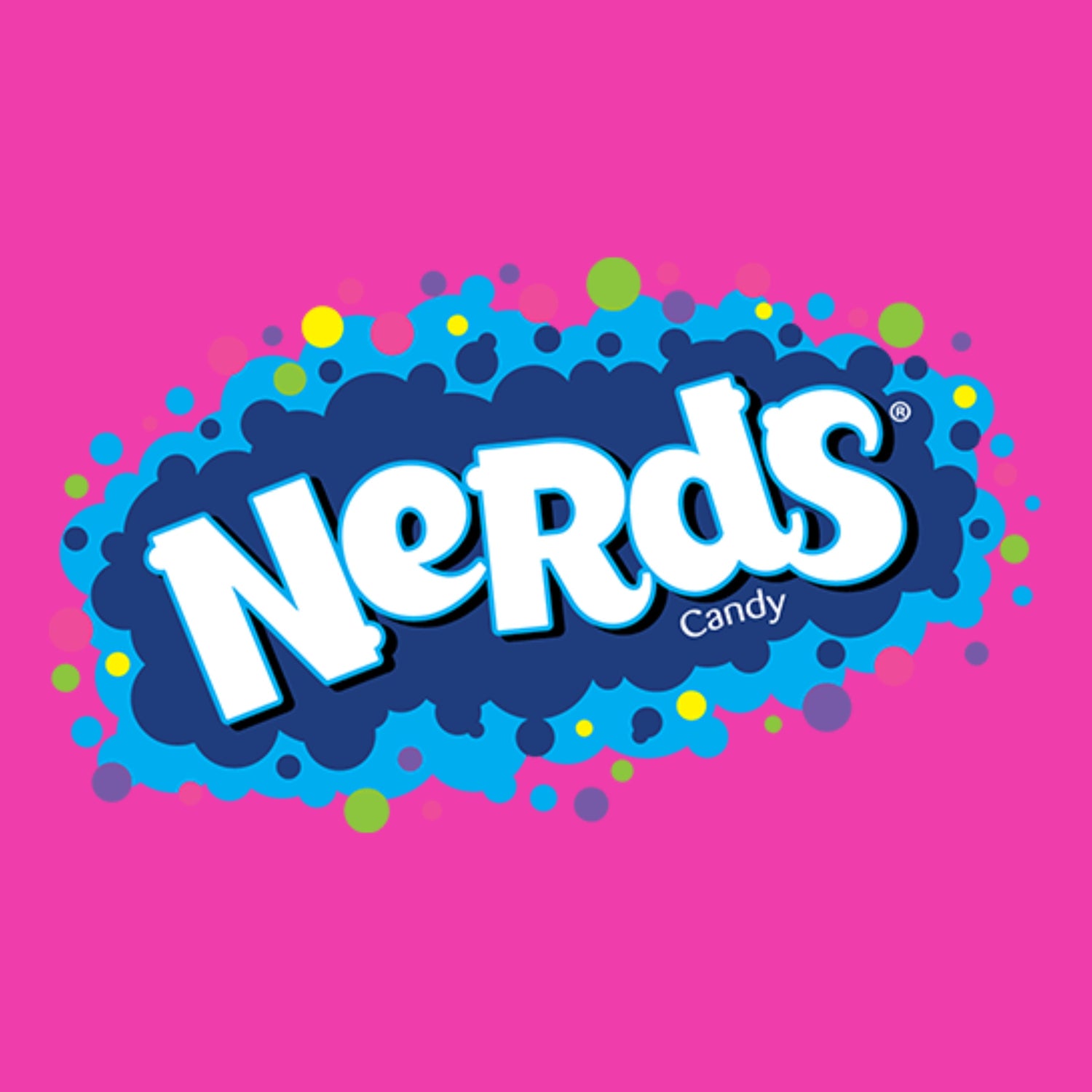 Nerds logo with bold white text on a blue splatter design, set against a bright pink background.