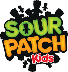 Sour Patch Kids logo with "SOUR" in green, "PATCH" in yellow-orange, and "Kids" in red, all set against a black background featuring the silhouettes of Sour Patch Kids figures.