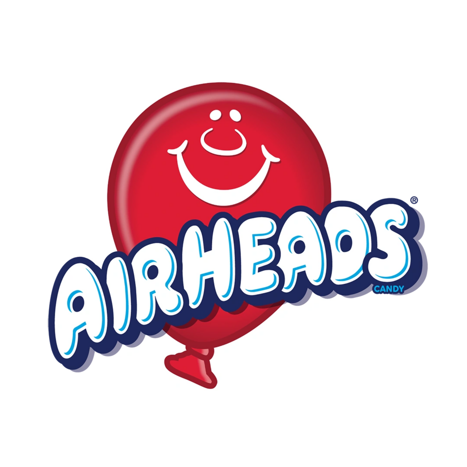 Airheads logo featuring white bubble text outlined in blue, with a red balloon displaying a smiling face in the background.