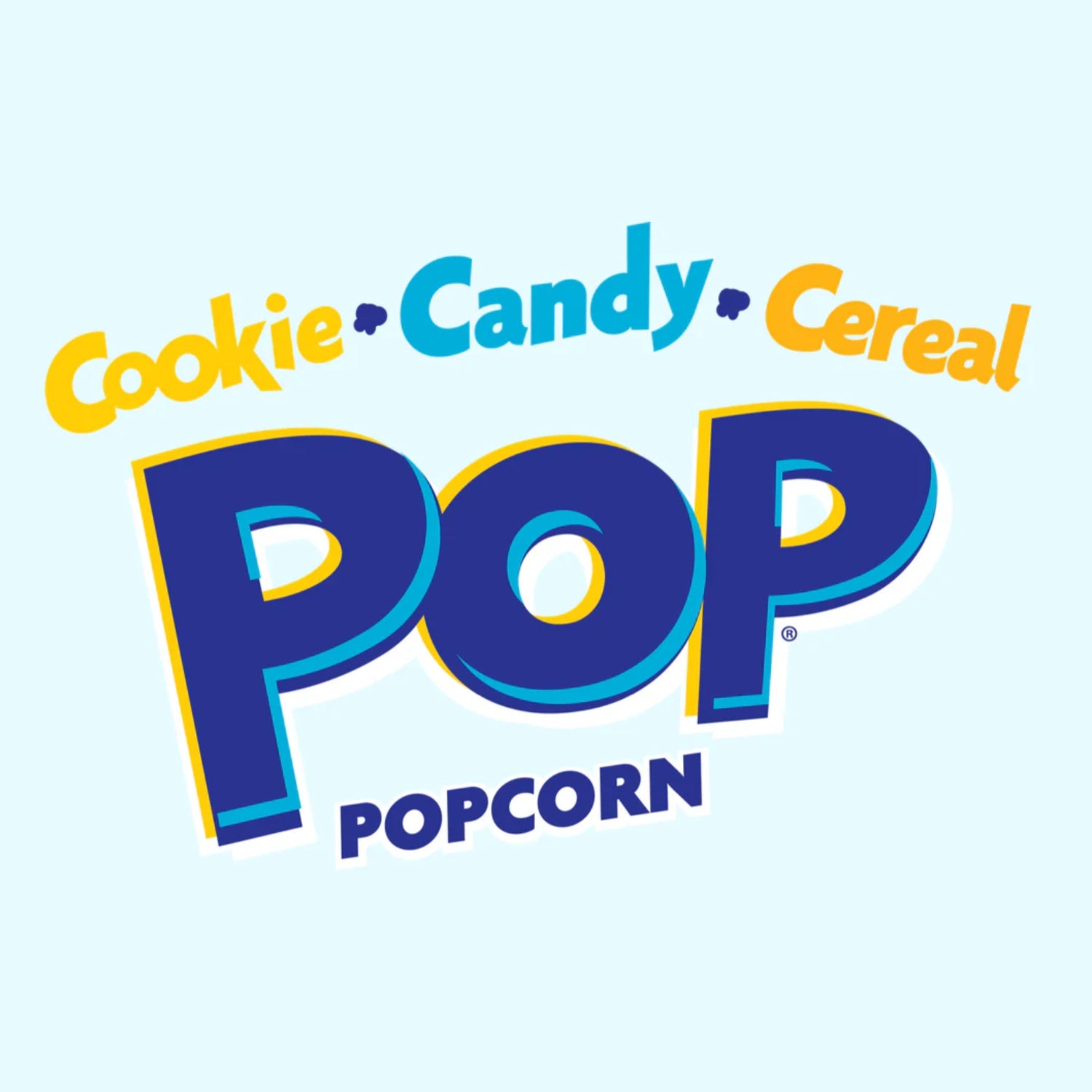 Logo with the words "Cookie • Candy • Cereal" in colorful text above the bold blue word "POP" and the word "Popcorn" underneath, all on a light blue background.