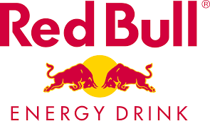 Red Bull logo featuring two red bulls charging toward each other in front of a yellow circle, with bold red "Red Bull" text above and "Energy Drink" text below.