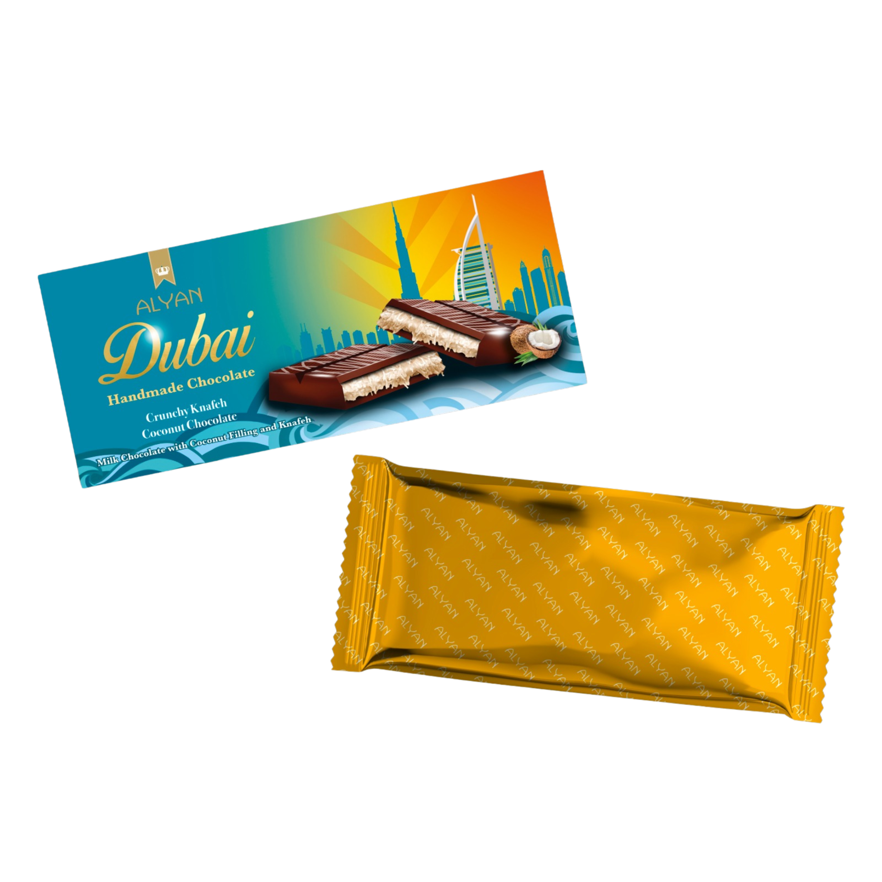 Alyan | Dubai Kokosnoot Chocolade Reep 200g | Per stuk of Doos (12 x 200g)