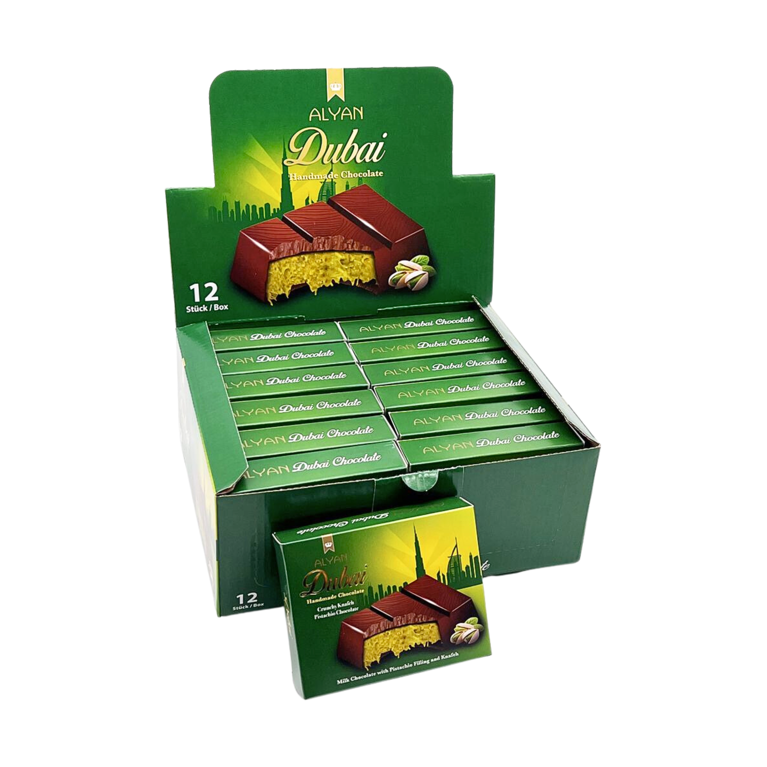 Alyan | Dubai Pistache Chocolade Reep 100g | Per stuk of Doos (12 x 100g)