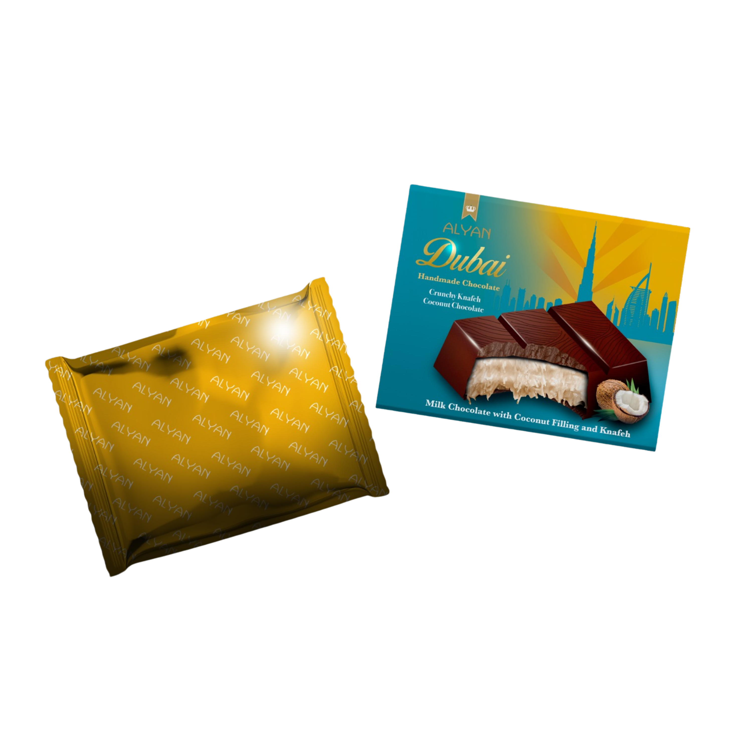 Alyan | Dubai Kokosnoot Chocolade Reep 100g | Per stuk of Doos (12 x 100g)