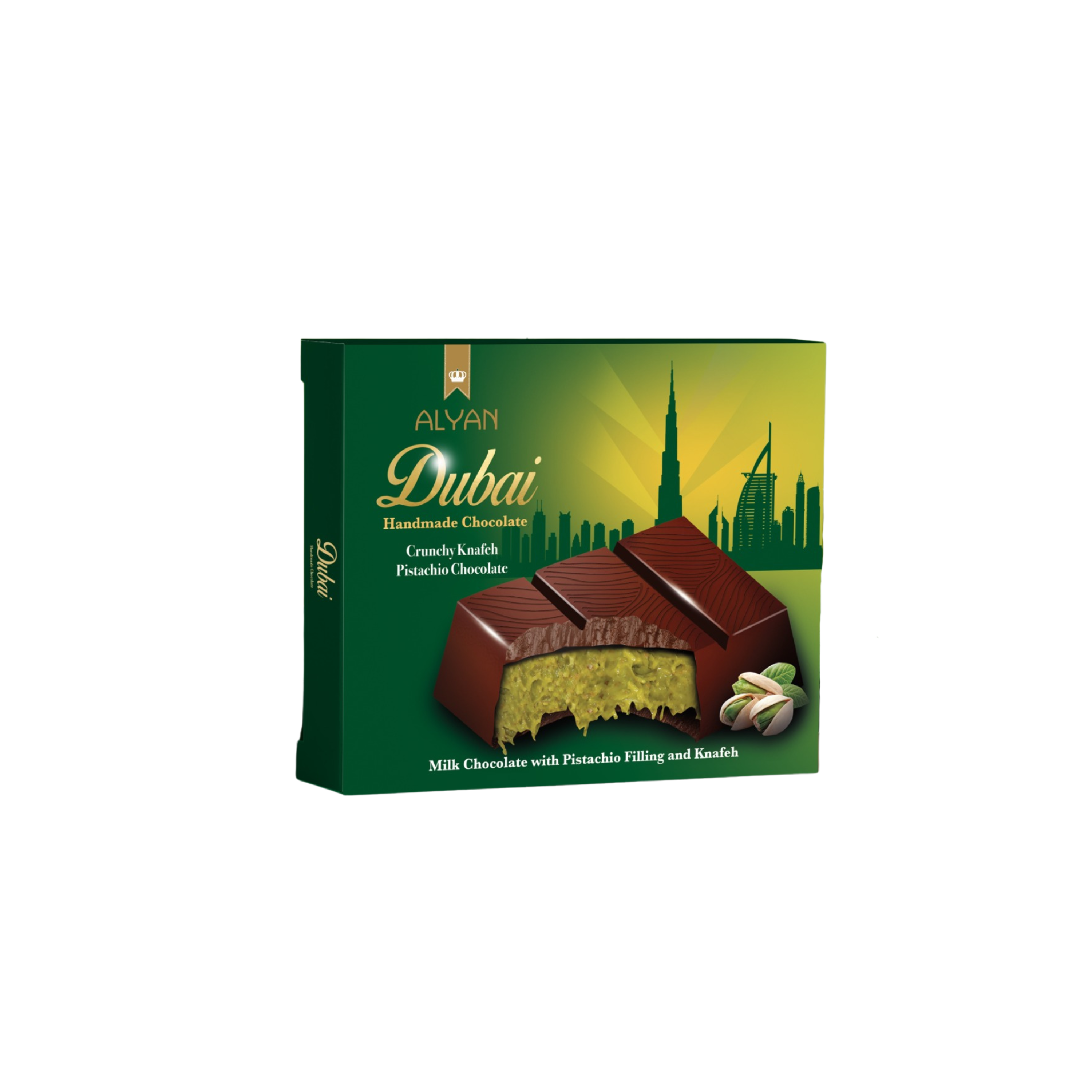 Alyan | Dubai Pistache Chocolade Reep 100g | Per stuk of Doos (12 x 100g)