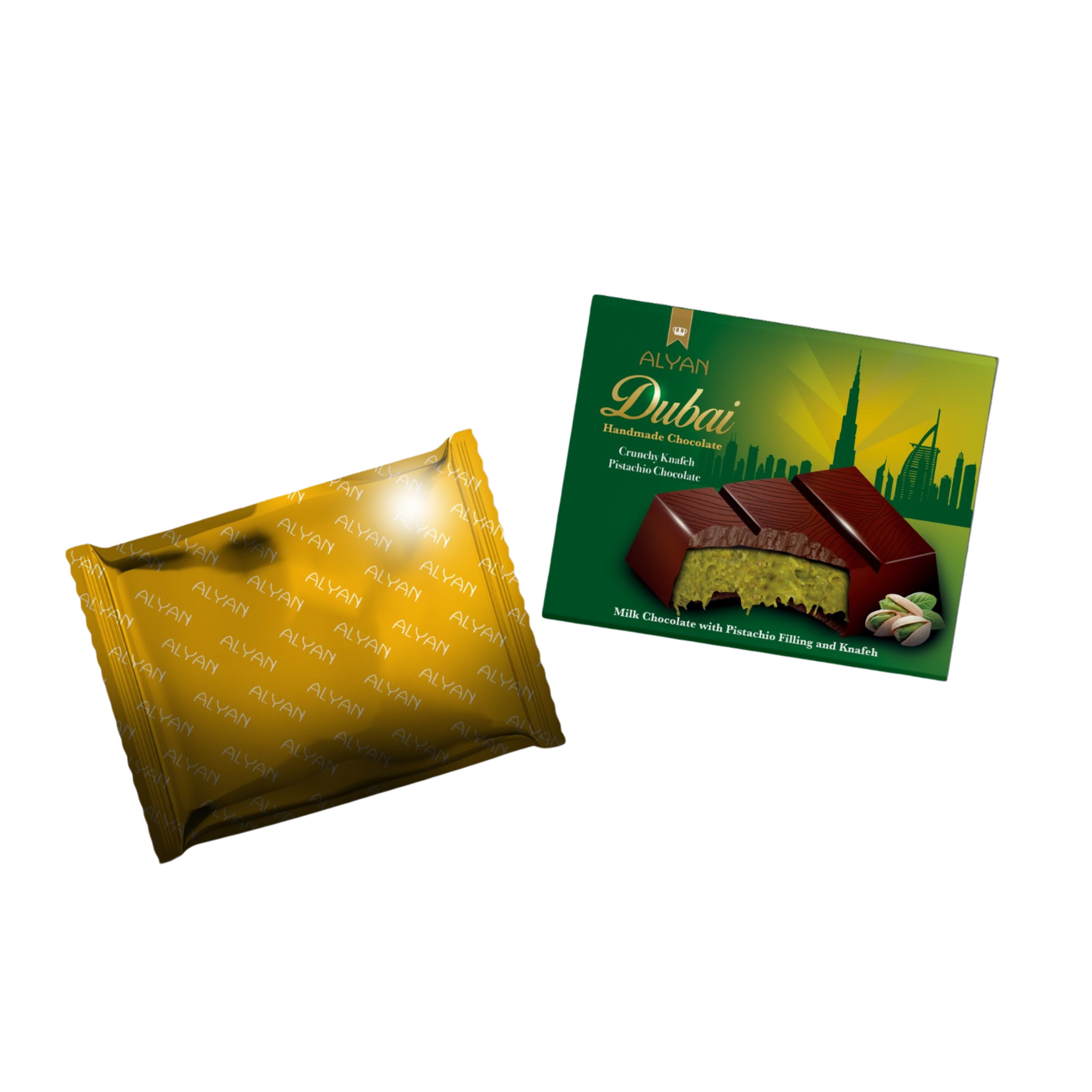 Alyan | Dubai Pistache Chocolade Reep 100g | Per stuk of Doos (12 x 100g)