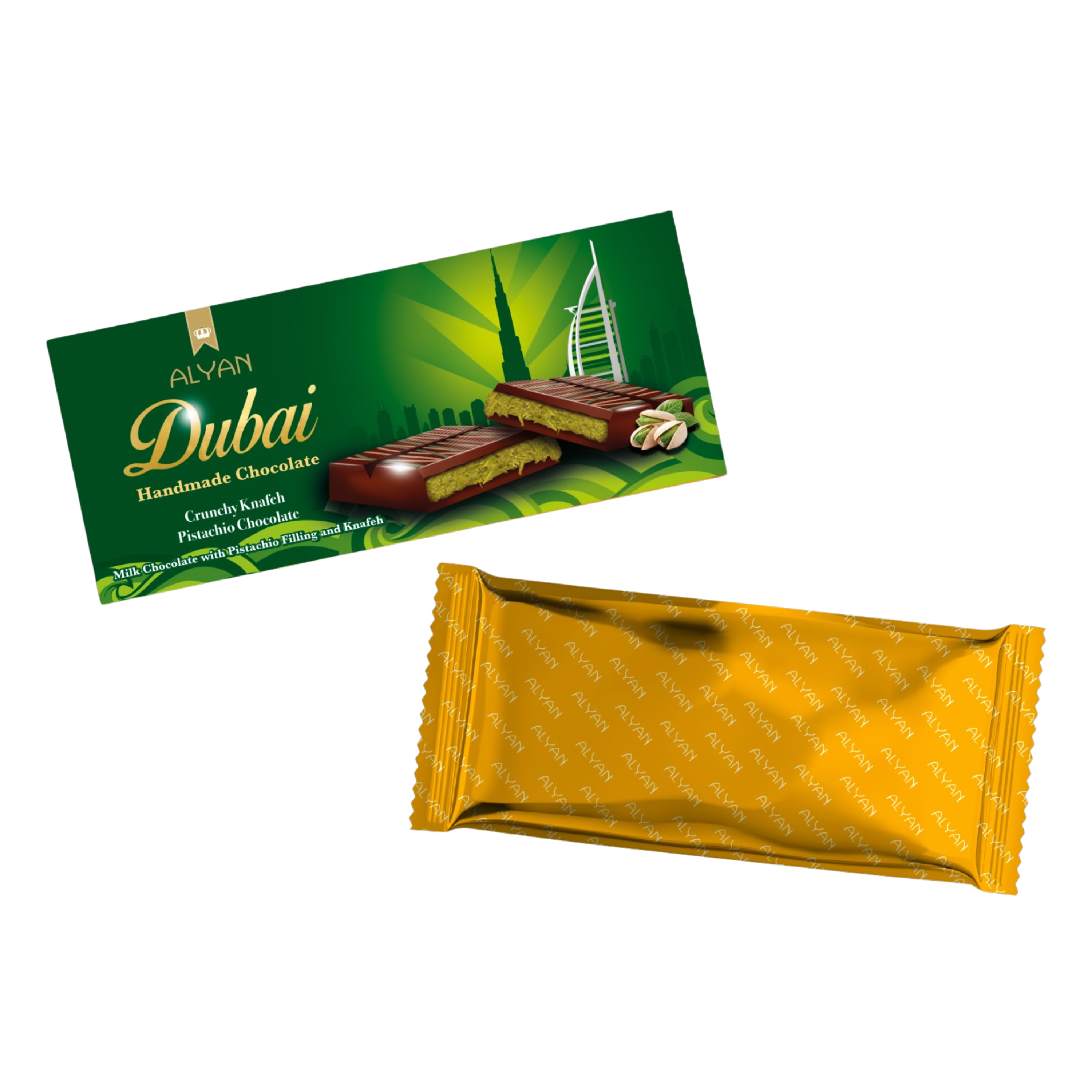 Alyan | Dubai Pistache Chocolade Reep 200g | Per stuk of Doos (12 x 200g)