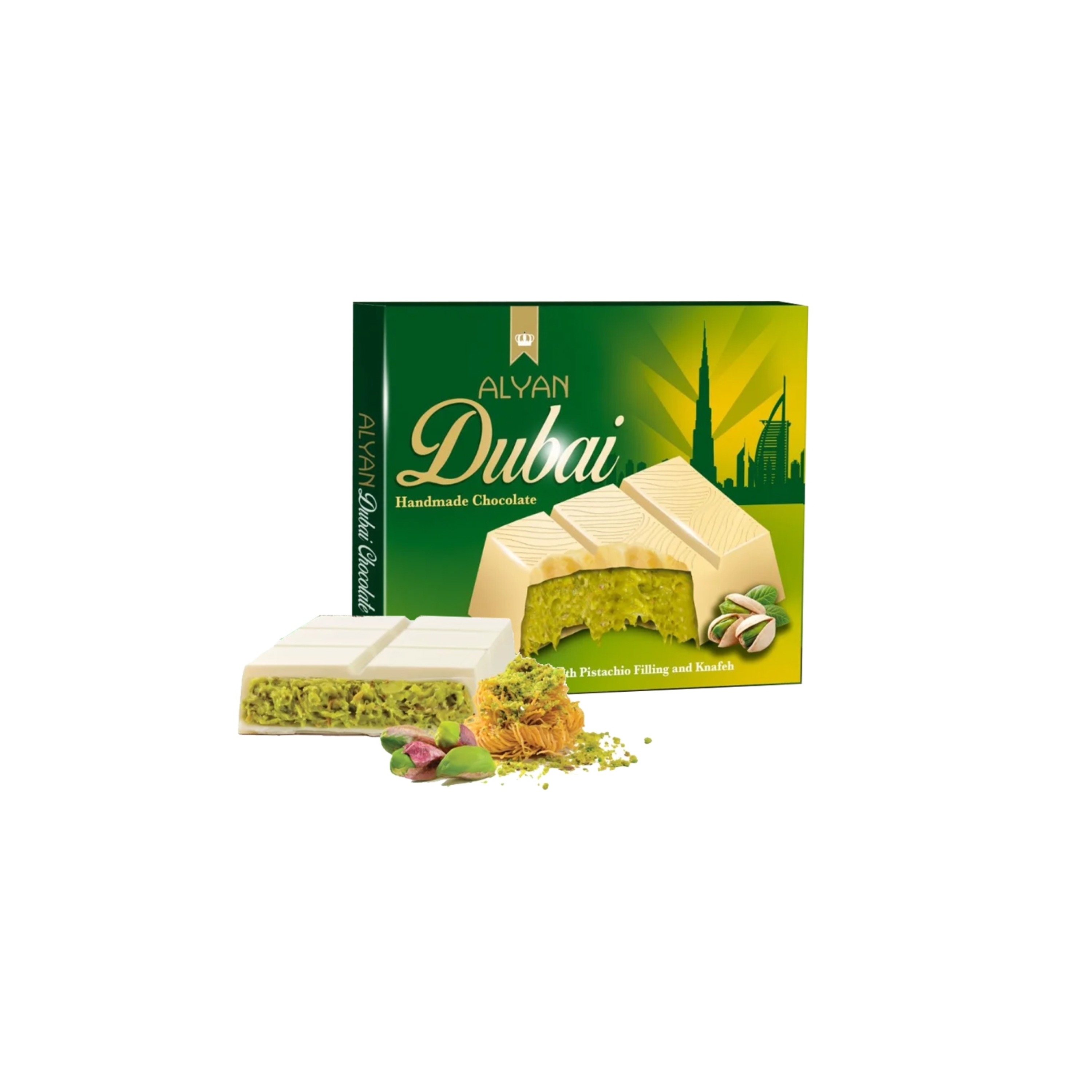 Alyan | Dubai Pistache Chocolade Reep 100g | Per stuk of Doos (12 x 100g)