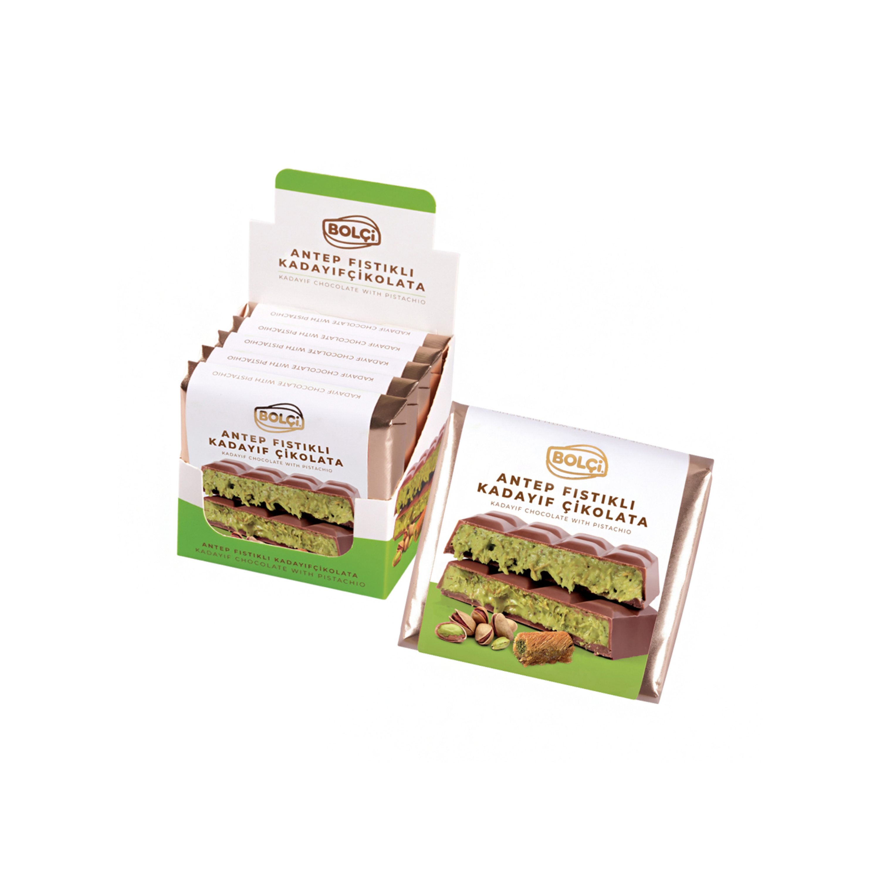 Bolci | Dubai Chocolade Reep Pistache 100g | Los of Doos (5 x 100g)