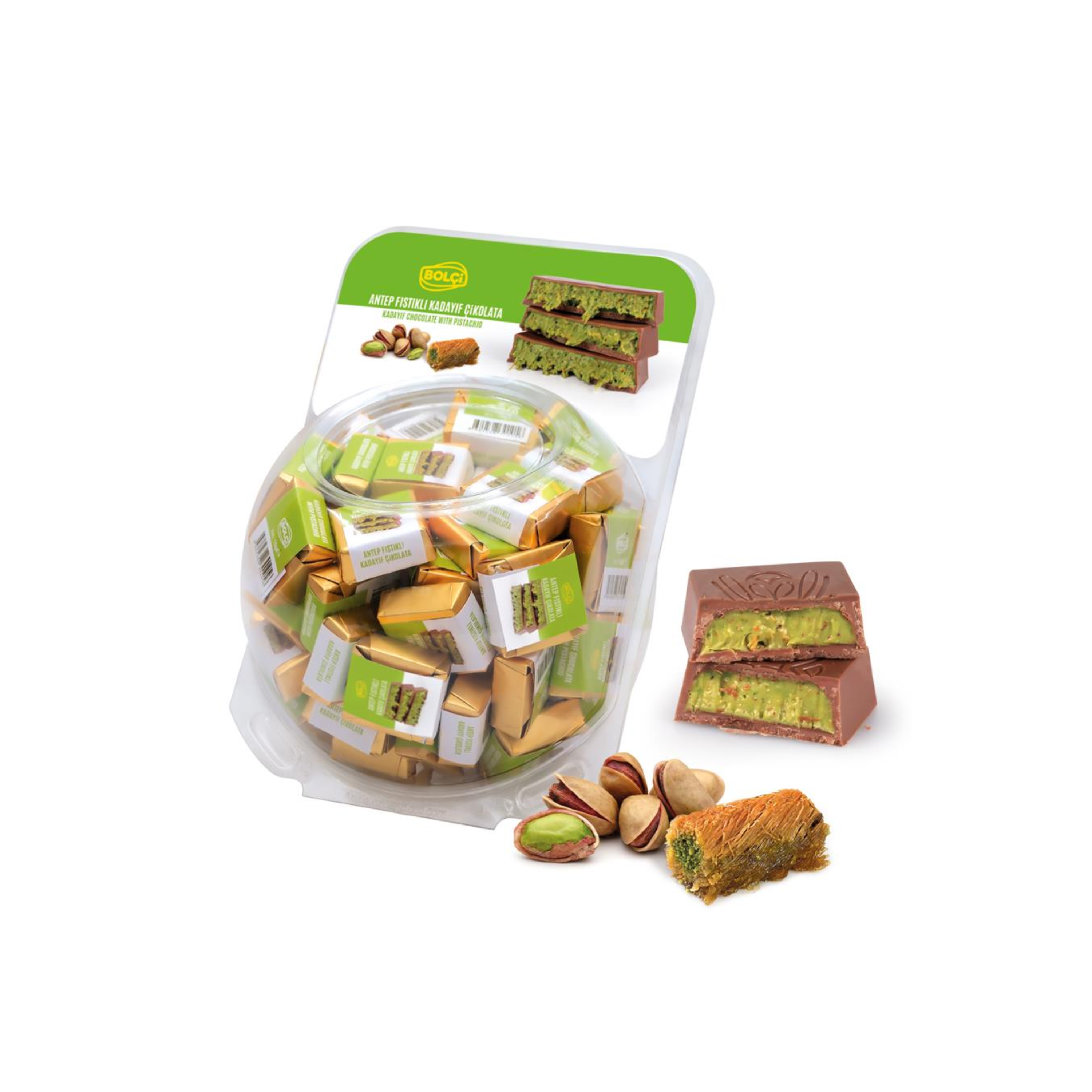 Bolci | Dubai Chocolade Vierkant Pistache 16g | Los of Doos 75 x 16g