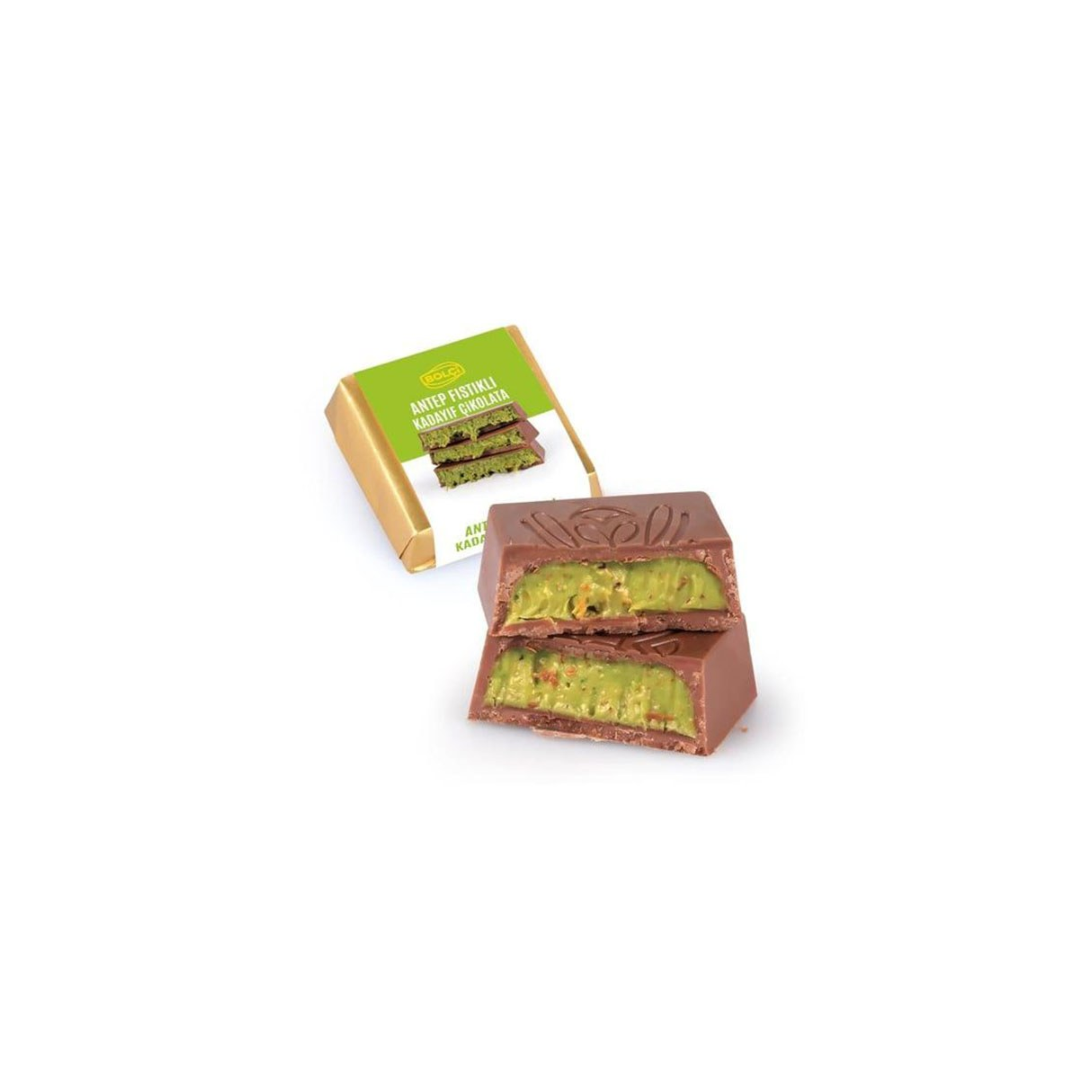 Bolci | Dubai Chocolade Vierkant Pistache 16g | Los of Doos 75 x 16g