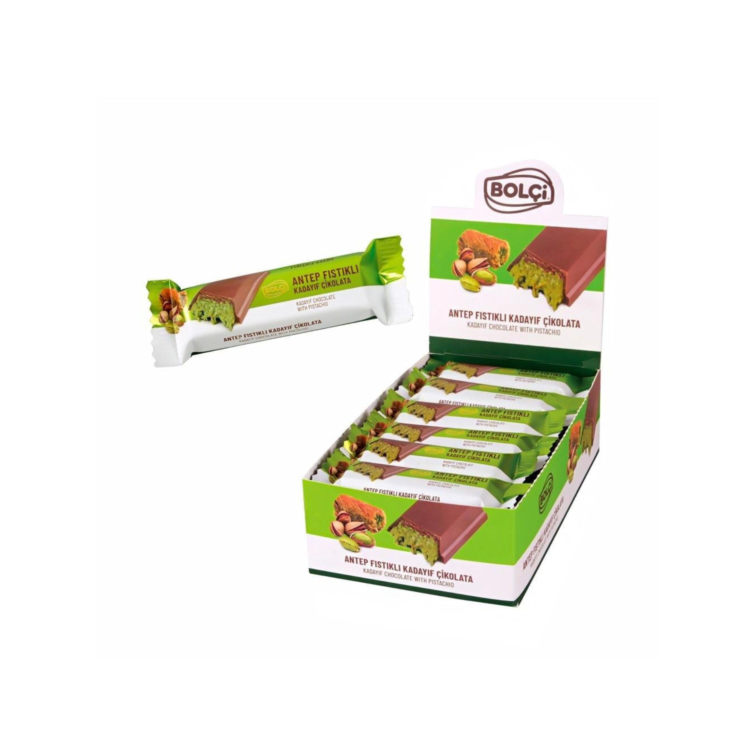 Bolci | Dubai Chocolade Stick Pistache 30g | Per stuk of Doos (24 x 30g)