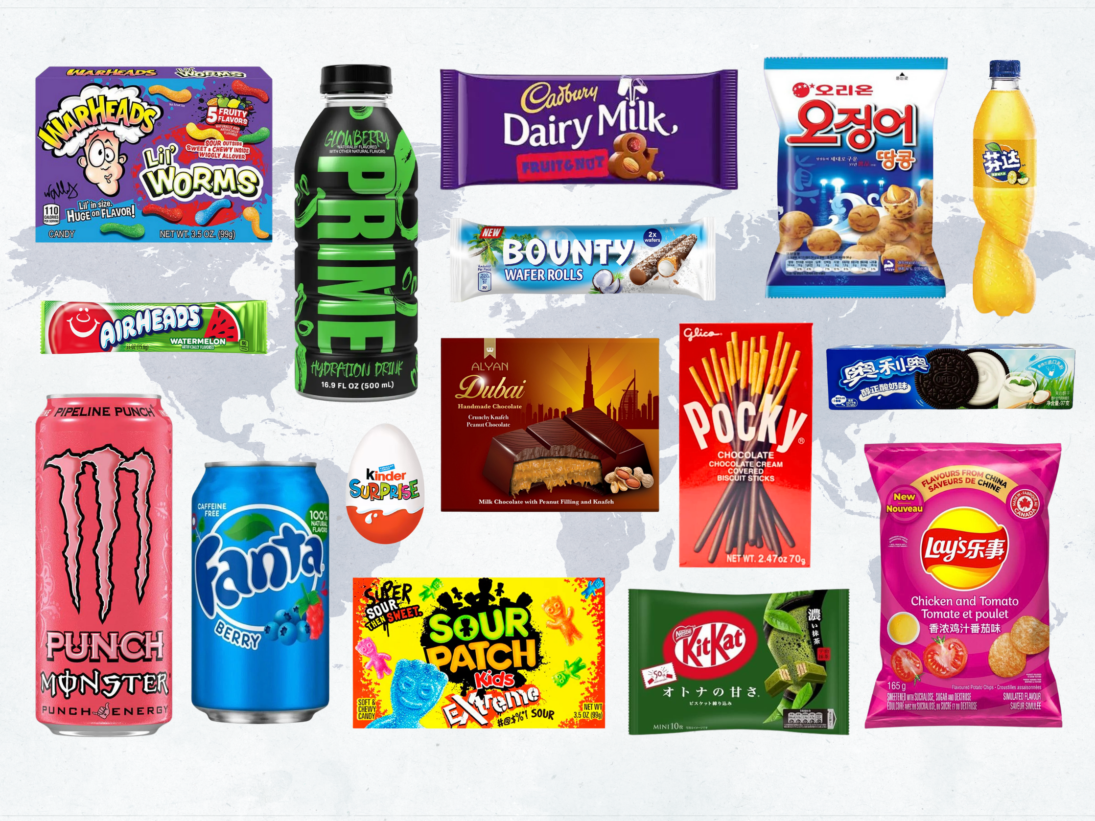 Internationaal assortiment snoep, snacks, en drankjes, zoals Warheads, Prime, Bounty, en Lay's, die wereldwijde smaken vertegenwoordigen. Ontdek unieke smaken met Sweetstreets.